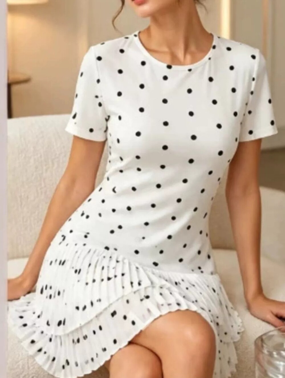 Polka Dot Pleated Hem Mini Dress